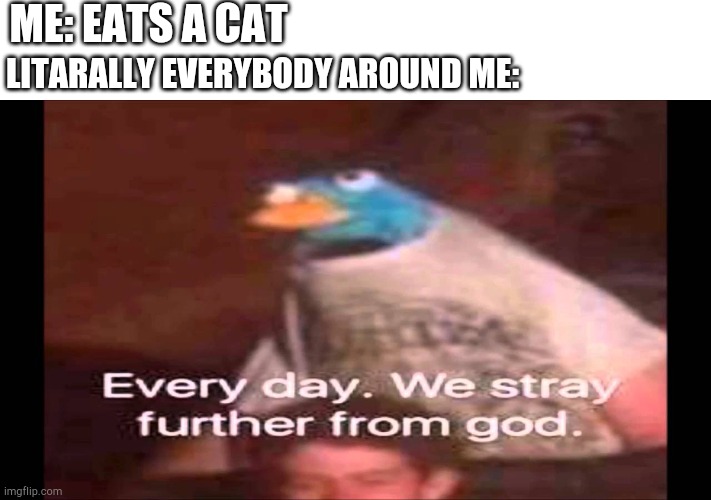 Every day. We stray further from God.  | ME: EATS A CAT; LITARALLY EVERYBODY AROUND ME: | image tagged in every day we stray further from god | made w/ Imgflip meme maker