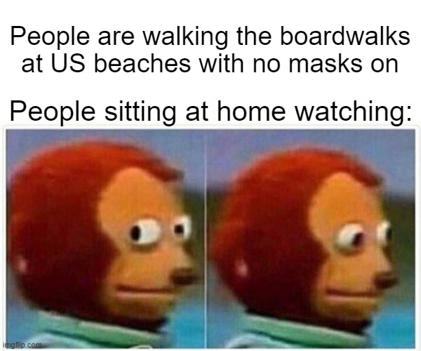 PUT IT ON DAMNIT | People are walking the boardwalks at US beaches with no masks on; People sitting at home watching: | image tagged in memes,monkey puppet | made w/ Imgflip meme maker