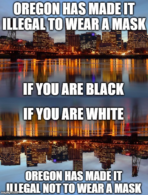 Leftists are the racists. |  OREGON HAS MADE IT ILLEGAL TO WEAR A MASK; IF YOU ARE BLACK; IF YOU ARE WHITE; OREGON HAS MADE IT ILLEGAL NOT TO WEAR A MASK | image tagged in portland skyline | made w/ Imgflip meme maker