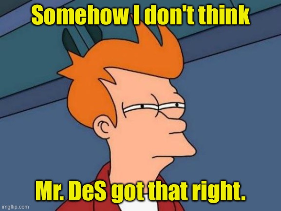 Futurama Fry Meme | Somehow I don't think Mr. DeS got that right. | image tagged in memes,futurama fry | made w/ Imgflip meme maker