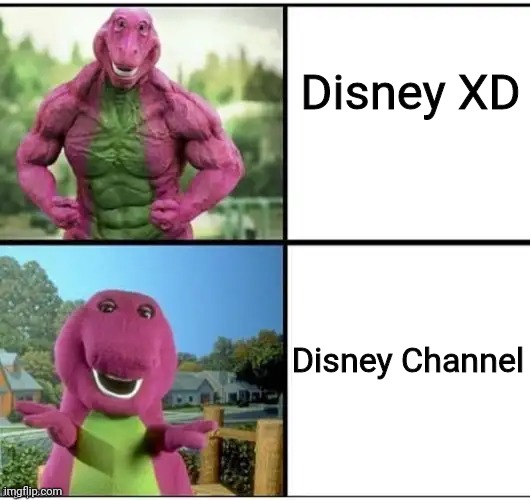 Ripped Barney | Disney XD; Disney Channel | image tagged in ripped barney,disney,soft,memes | made w/ Imgflip meme maker