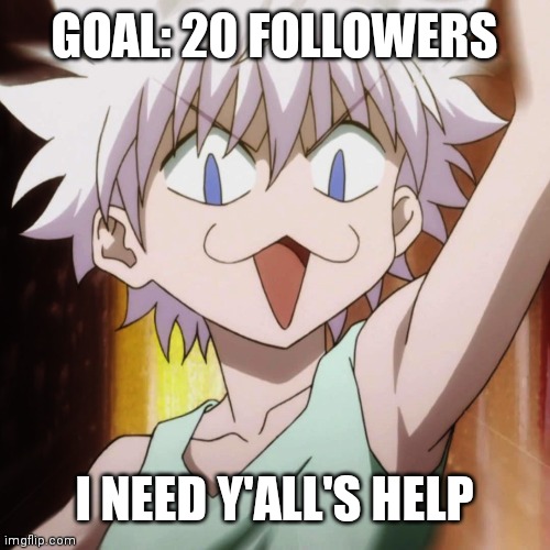 Killua Cringe | GOAL: 20 FOLLOWERS; I NEED Y'ALL'S HELP | image tagged in killua cringe | made w/ Imgflip meme maker