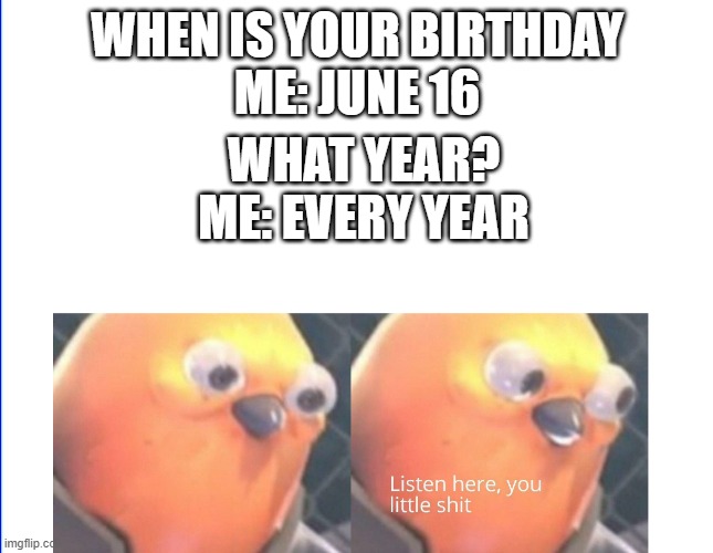 Listen here you little shit | WHEN IS YOUR BIRTHDAY
ME: JUNE 16; WHAT YEAR?
ME: EVERY YEAR | image tagged in listen here you little shit | made w/ Imgflip meme maker