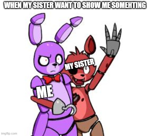 FNaF Hype Everywhere | WHEN MY SISTER WANT TO SHOW ME SOMEHTING; MY SISTER; ME | image tagged in fnaf hype everywhere | made w/ Imgflip meme maker