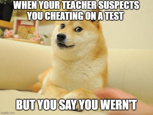 Doge 2 | WHEN YOUR TEACHER SUSPECTS YOU CHEATING ON A TEST; BUT YOU SAY YOU WERN'T | image tagged in memes,doge 2 | made w/ Imgflip meme maker
