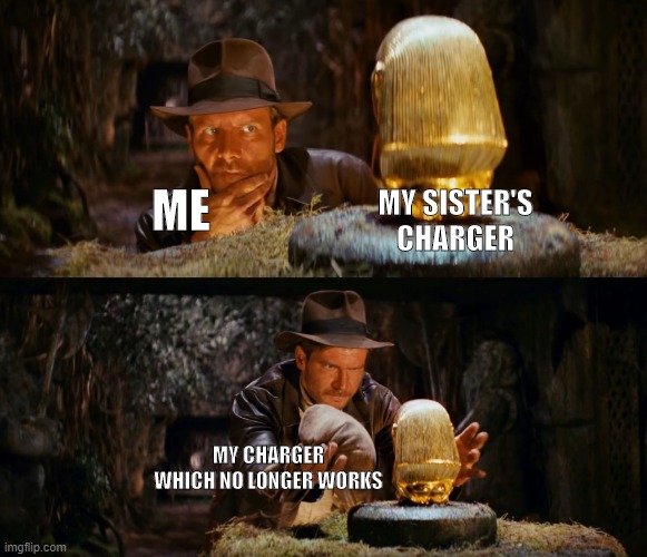 Charger meme | ME; MY SISTER'S CHARGER; MY CHARGER WHICH NO LONGER WORKS | image tagged in indiana jones swap,charger,poor sister | made w/ Imgflip meme maker