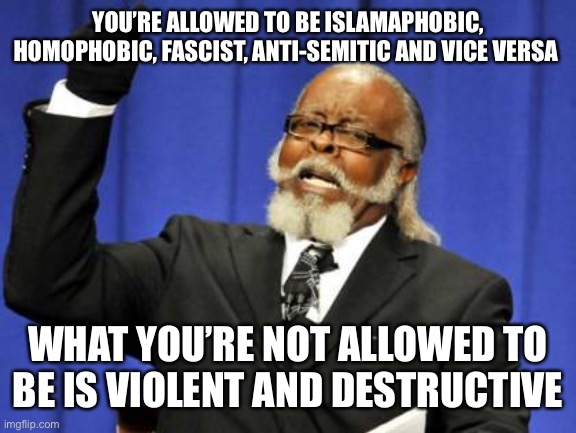 Too Damn High | YOU’RE ALLOWED TO BE ISLAMAPHOBIC, HOMOPHOBIC, FASCIST, ANTI-SEMITIC AND VICE VERSA; WHAT YOU’RE NOT ALLOWED TO BE IS VIOLENT AND DESTRUCTIVE | image tagged in memes,too damn high | made w/ Imgflip meme maker