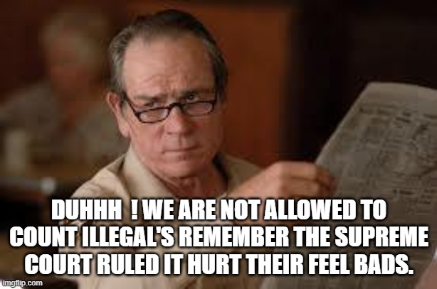 no country for old men tommy lee jones | DUHHH  ! WE ARE NOT ALLOWED TO COUNT ILLEGAL'S REMEMBER THE SUPREME COURT RULED IT HURT THEIR FEEL BADS. | image tagged in no country for old men tommy lee jones | made w/ Imgflip meme maker