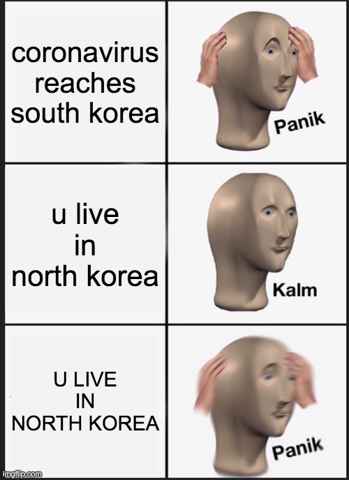 Panik Kalm Panik | coronavirus reaches south korea; u live in north korea; U LIVE IN NORTH KOREA | image tagged in memes,panik kalm panik | made w/ Imgflip meme maker