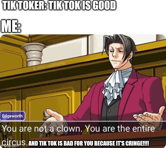 You are not a clown. You are the entire circus. | TIK TOKER: TIK TOK IS GOOD; ME:; AND TIK TOK IS BAD FOR YOU BECAUSE IT'S CRINGE!!!! | image tagged in you are not a clown you are the entire circus | made w/ Imgflip meme maker