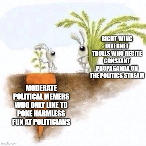 Seriously what happened to the politics stream? | RIGHT-WING INTERNET TROLLS WHO RECITE CONSTANT PROPAGANDA ON THE POLITICS STREAM; MODERATE POLITICAL MEMERS WHO ONLY LIKE TO POKE HARMLESS FUN AT POLITICIANS | image tagged in big carrot small carrot,politics | made w/ Imgflip meme maker