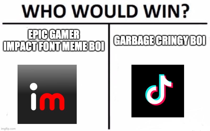 Who Would Win? | EPIC GAMER IMPACT FONT MEME BOI; GARBAGE CRINGY BOI | image tagged in memes,who would win,hating tiktok,lol | made w/ Imgflip meme maker