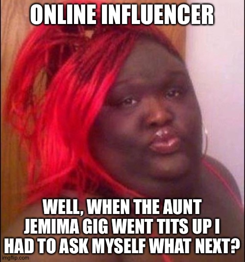 Ghetto | ONLINE INFLUENCER; WELL, WHEN THE AUNT JEMIMA GIG WENT TITS UP I HAD TO ASK MYSELF WHAT NEXT? | image tagged in ghetto | made w/ Imgflip meme maker