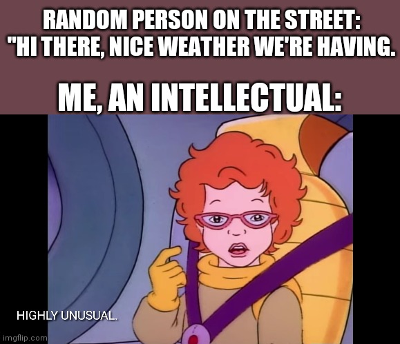 Highly Unusual People | RANDOM PERSON ON THE STREET: "HI THERE, NICE WEATHER WE'RE HAVING. ME, AN INTELLECTUAL: | image tagged in highly unusual janet | made w/ Imgflip meme maker