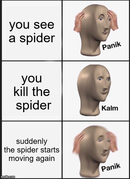 Panik Kalm Panik Meme | you see a spider; you kill the  spider; suddenly the spider starts moving again | image tagged in memes,panik kalm panik | made w/ Imgflip meme maker