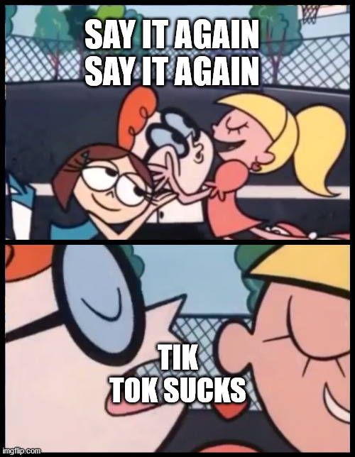 Say it Again, Dexter Meme | SAY IT AGAIN SAY IT AGAIN; TIK TOK SUCKS | image tagged in memes,say it again dexter | made w/ Imgflip meme maker