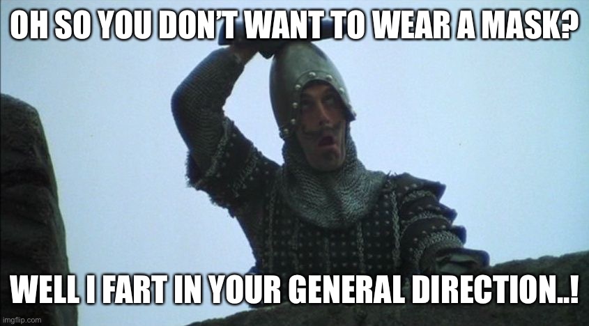 Money Python Holy Grail Fart in your general direction | OH SO YOU DON’T WANT TO WEAR A MASK? WELL I FART IN YOUR GENERAL DIRECTION..! | image tagged in fart,farts,donald trump,trump,monty python,monty python and the holy grail | made w/ Imgflip meme maker