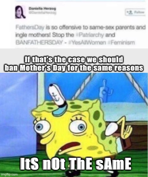 If that’s the case we should ban Mother’s Day for the same reasons; ItS nOt ThE sAmE | image tagged in memes,mocking spongebob | made w/ Imgflip meme maker
