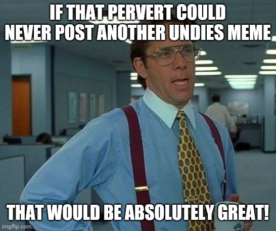 That Would Be Great Meme | IF THAT PERVERT COULD NEVER POST ANOTHER UNDIES MEME THAT WOULD BE ABSOLUTELY GREAT! | image tagged in memes,that would be great | made w/ Imgflip meme maker
