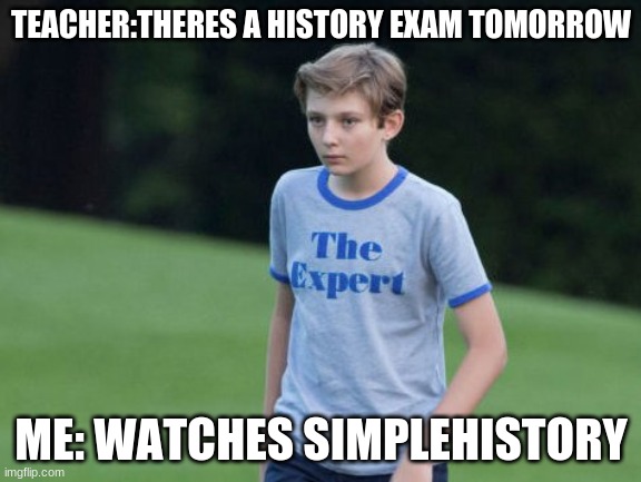 The Expert | TEACHER:THERES A HISTORY EXAM TOMORROW; ME: WATCHES SIMPLEHISTORY | image tagged in the expert | made w/ Imgflip meme maker