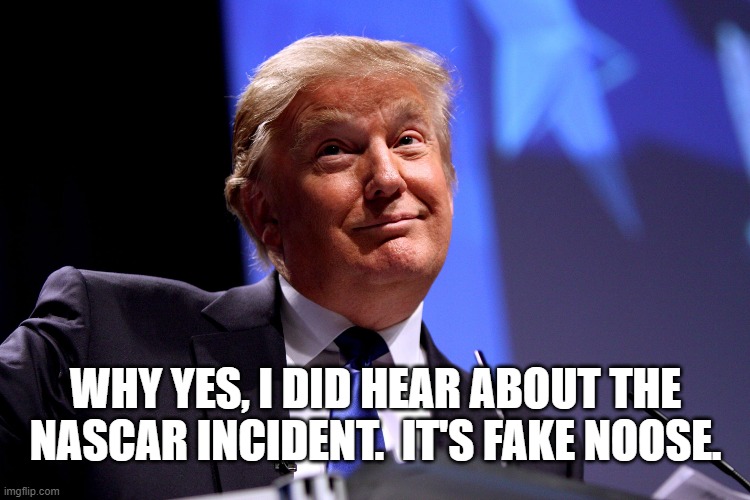 More Fake Noose | WHY YES, I DID HEAR ABOUT THE NASCAR INCIDENT.  IT'S FAKE NOOSE. | image tagged in donald trump no2 | made w/ Imgflip meme maker