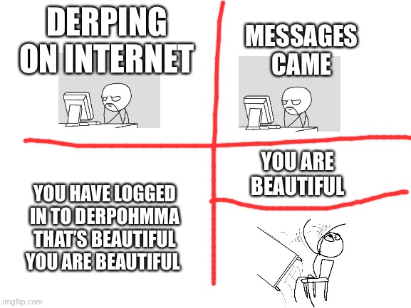 Blank White Template | MESSAGES CAME; DERPING ON INTERNET; YOU ARE BEAUTIFUL; YOU HAVE LOGGED IN TO DERPOHMMA
THAT’S BEAUTIFUL YOU ARE BEAUTIFUL | image tagged in blank white template | made w/ Imgflip meme maker
