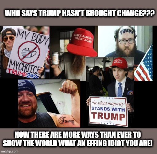 Trump World | WHO SAYS TRUMP HASN'T BROUGHT CHANGE??? NOW THERE ARE MORE WAYS THAN EVER TO SHOW THE WORLD WHAT AN EFFING IDIOT YOU ARE! | image tagged in trump is a moron,donald trump,donald trump is an idiot,dump trump | made w/ Imgflip meme maker