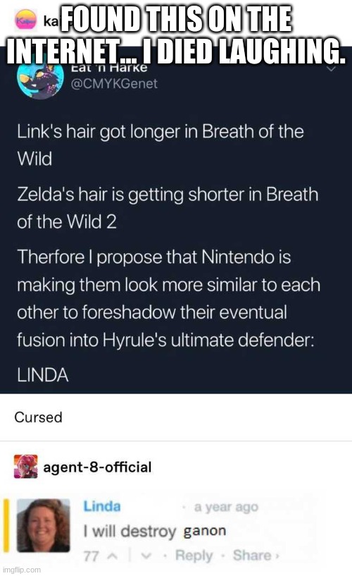 I bet Linda originally said "I will destroy all 5G towers" | FOUND THIS ON THE INTERNET... I DIED LAUGHING. | image tagged in repost,meme,funny,legend of zelda | made w/ Imgflip meme maker