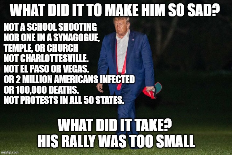 the agony of narcissism | WHAT DID IT TO MAKE HIM SO SAD? NOT A SCHOOL SHOOTING
NOR ONE IN A SYNAGOGUE, 
TEMPLE, OR CHURCH
NOT CHARLOTTESVILLE.
NOT EL PASO OR VEGAS.
OR 2 MILLION AMERICANS INFECTED
OR 100,000 DEATHS.
NOT PROTESTS IN ALL 50 STATES. WHAT DID IT TAKE? 
HIS RALLY WAS TOO SMALL | image tagged in donald trump is an idiot | made w/ Imgflip meme maker