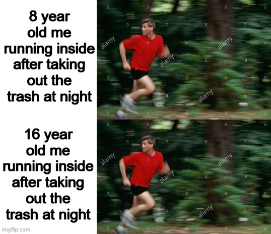 8 year old me running inside after taking out the trash at night; 16 year old me running inside after taking out the trash at night | image tagged in blank white template | made w/ Imgflip meme maker