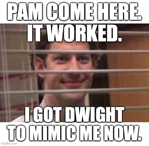 Jim Office Blinds | PAM COME HERE.
IT WORKED. I GOT DWIGHT TO MIMIC ME NOW. | image tagged in jim office blinds | made w/ Imgflip meme maker