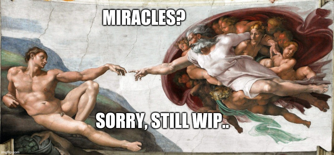 Miracles | MIRACLES? SORRY, STILL WIP.. | image tagged in miracles,michelangelo | made w/ Imgflip meme maker