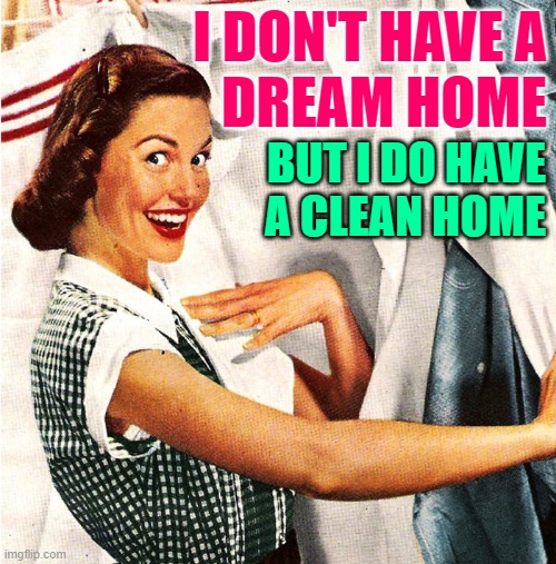 Clean Home Housewife | I DON'T HAVE A
DREAM HOME; BUT I DO HAVE A CLEAN HOME | image tagged in vintage laundry woman,housewife,funny memes,cleaning,humor,1950s housewife | made w/ Imgflip meme maker