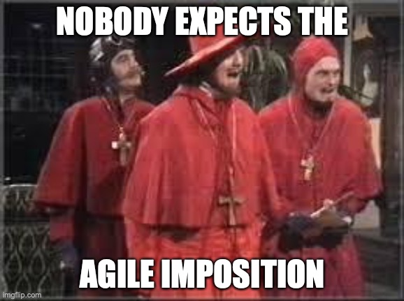 Spanish Inquisition | NOBODY EXPECTS THE; AGILE IMPOSITION | image tagged in spanish inquisition | made w/ Imgflip meme maker