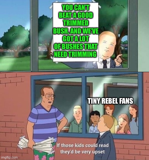 Tr fans | YOU CAN’T BEAT A GOOD TRIMMED BUSH, AND WE’VE GOT A LOT OF BUSHES THAT NEED TRIMMING; TINY REBEL FANS | image tagged in bobby hill kids no watermark | made w/ Imgflip meme maker