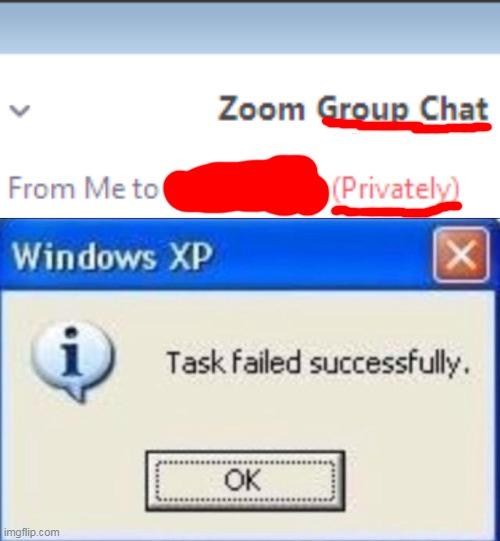 It's not a group chat if it's private zoom! | image tagged in task failed successfully | made w/ Imgflip meme maker