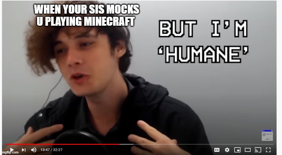 Humanity ain't HumAnE | WHEN YOUR SIS MOCKS U PLAYING MINECRAFT | image tagged in wilbur but i'm humane | made w/ Imgflip meme maker