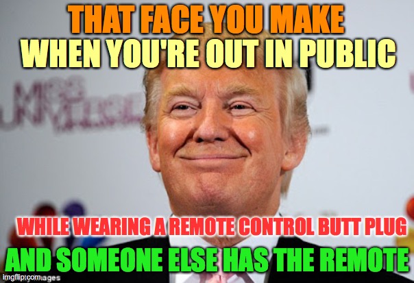 Remote possibilities | THAT FACE YOU MAKE; WHEN YOU'RE OUT IN PUBLIC; WHILE WEARING A REMOTE CONTROL BUTT PLUG; AND SOMEONE ELSE HAS THE REMOTE | image tagged in donald trump approves,electric,remote,vibrations | made w/ Imgflip meme maker