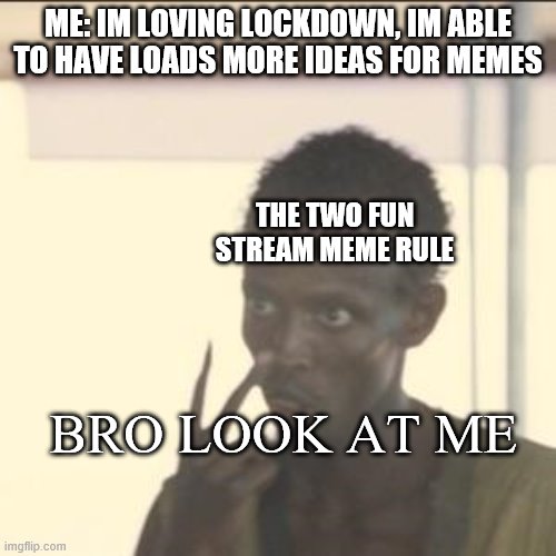 meme rule has destroyed me SO MANY TIMES | ME: IM LOVING LOCKDOWN, IM ABLE TO HAVE LOADS MORE IDEAS FOR MEMES; THE TWO FUN STREAM MEME RULE; BRO LOOK AT ME | image tagged in memes,look at me | made w/ Imgflip meme maker