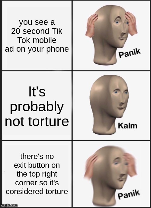 How many of you have to go through this type of hell in your life? | you see a 20 second Tik Tok mobile ad on your phone; It's probably not torture; there's no exit button on the top right corner so it's considered torture | image tagged in memes,panik kalm panik,tik tok | made w/ Imgflip meme maker