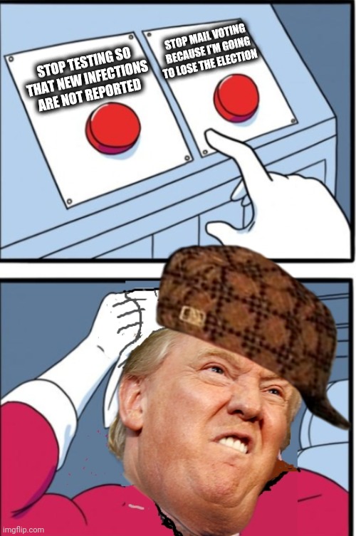 Being Potus Ain't Easy. What with the Deep State Virus Hoax and All | STOP MAIL VOTING BECAUSE I'M GOING TO LOSE THE ELECTION; STOP TESTING SO THAT NEW INFECTIONS ARE NOT REPORTED | image tagged in trump two buttons | made w/ Imgflip meme maker