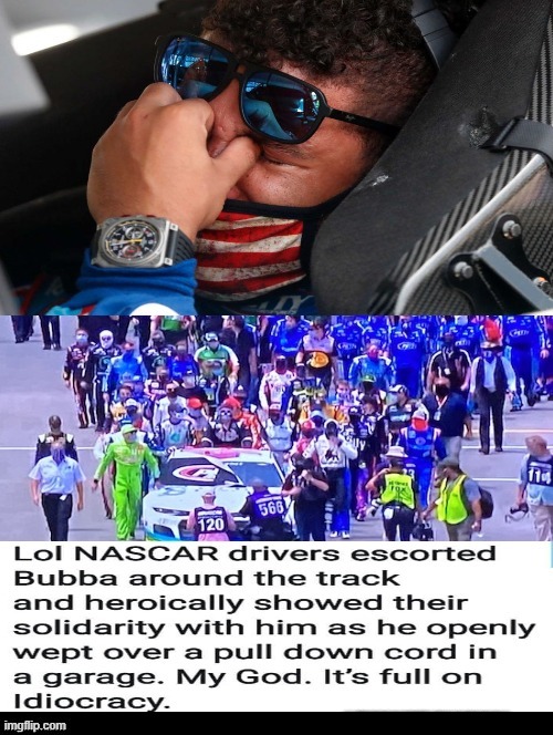 Bubba Wallace cries! NOOSECAR shows solidarity over a garage door pull cord. | image tagged in stupid liberals,democrats,nascar | made w/ Imgflip meme maker