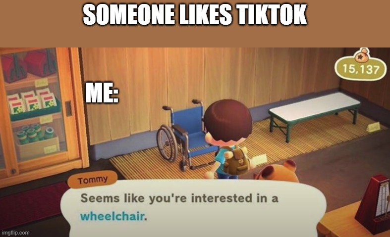 Seems like you're interested in a wheelchair tiktok version | SOMEONE LIKES TIKTOK; ME: | image tagged in seems like you're interested in a wheelchair | made w/ Imgflip meme maker