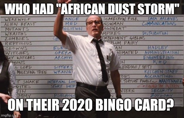 African Dust Storm | WHO HAD "AFRICAN DUST STORM"; ON THEIR 2020 BINGO CARD? | image tagged in cabin in the woods | made w/ Imgflip meme maker