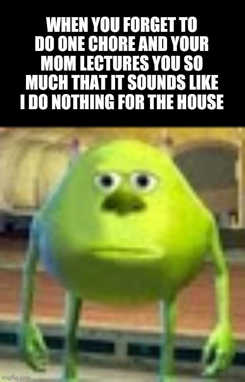 Seriously, the way I get lectured you would think I don't do anything | WHEN YOU FORGET TO DO ONE CHORE AND YOUR MOM LECTURES YOU SO MUCH THAT IT SOUNDS LIKE I DO NOTHING FOR THE HOUSE | image tagged in sully wazowski | made w/ Imgflip meme maker