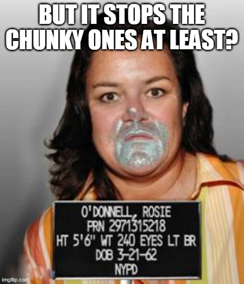 rosie odonell mugshot | BUT IT STOPS THE CHUNKY ONES AT LEAST? | image tagged in rosie odonell mugshot | made w/ Imgflip meme maker