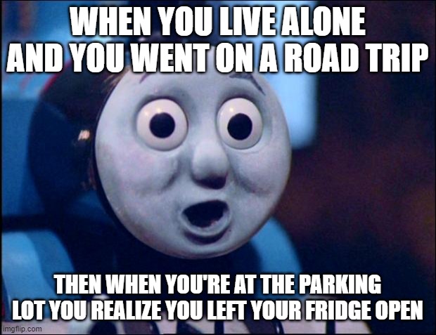 oh shit thomas | WHEN YOU LIVE ALONE AND YOU WENT ON A ROAD TRIP; THEN WHEN YOU'RE AT THE PARKING LOT YOU REALIZE YOU LEFT YOUR FRIDGE OPEN | image tagged in oh shit thomas | made w/ Imgflip meme maker