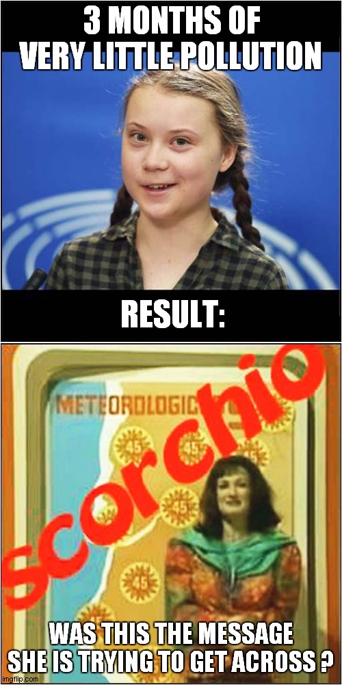 Greta, It's Too Darn Hot ! | 3 MONTHS OF VERY LITTLE POLLUTION; RESULT:; WAS THIS THE MESSAGE SHE IS TRYING TO GET ACROSS ? | image tagged in fun,greta thunberg,climate change,the fast show | made w/ Imgflip meme maker