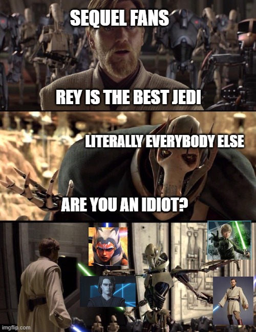 BRUH THESE SEQUEL FANS ARE DUMB | SEQUEL FANS; REY IS THE BEST JEDI; LITERALLY EVERYBODY ELSE; ARE YOU AN IDIOT? | image tagged in general kenobi hello there | made w/ Imgflip meme maker