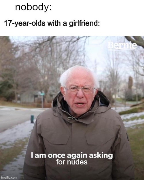 Bernie I Am Once Again Asking For Your Support Meme | nobody:; 17-year-olds with a girlfriend:; for nudes | image tagged in memes,bernie i am once again asking for your support | made w/ Imgflip meme maker